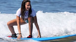 Download Wallpaper 1920x1080 girl, surfing, board, wave, bal